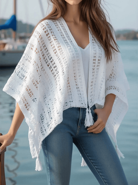 Trendsi white shawl lightweight knit long sleeve open front top with tassels