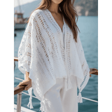 Trendsi white long sleeve shawl lightweight knit open front with tassels perfect for layering