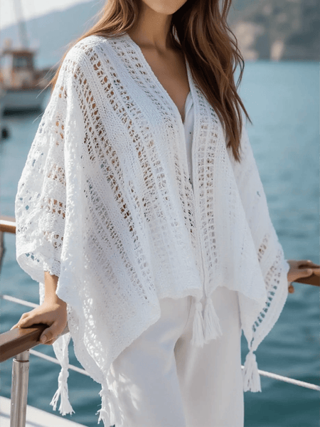 Trendsi white long sleeve shawl lightweight knit open front with tassels perfect for layering