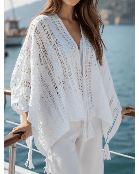 Trendsi white long sleeve shawl lightweight knit open front with tassels perfect for layering