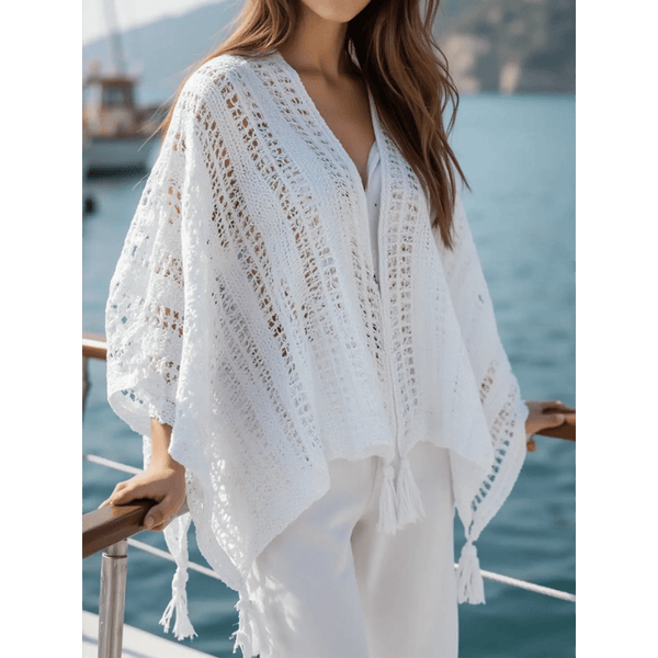 Trendsi white long sleeve shawl lightweight knit open front with tassels perfect for layering