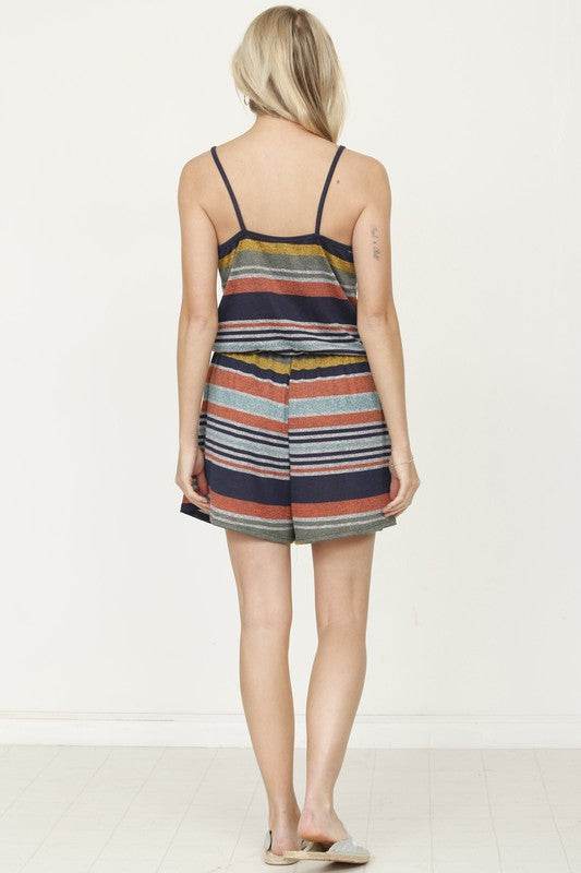 Back view of Babe Beachwear striped spaghetti strap beach romper with colorful horizontal stripes