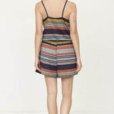 Back view of Babe Beachwear striped spaghetti strap beach romper with colorful horizontal stripes