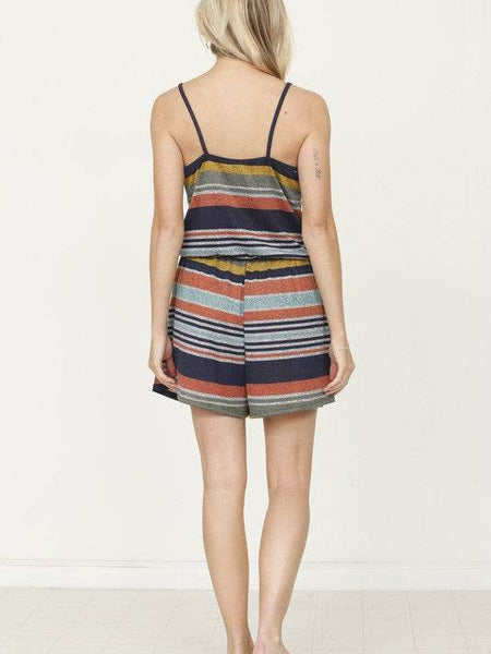 Back view of Babe Beachwear striped spaghetti strap beach romper with colorful horizontal stripes