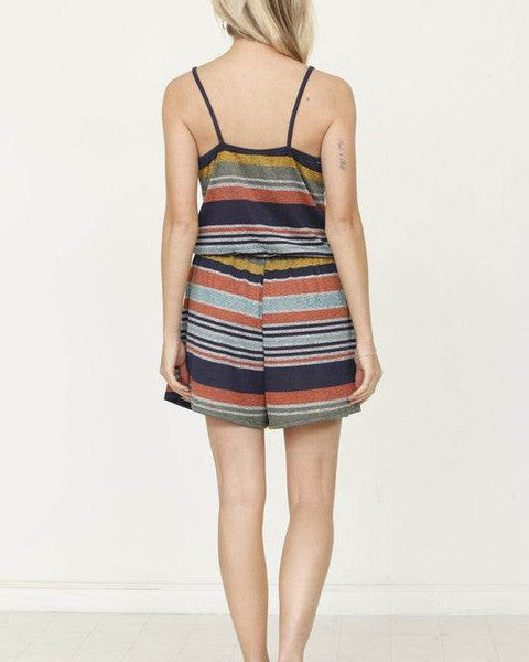 Back view of Babe Beachwear striped spaghetti strap beach romper with colorful horizontal stripes