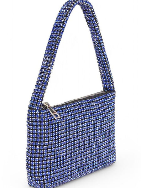Sparkle Soft Shoulder bag small in blue with shimmering rhinestone details and zip closure
