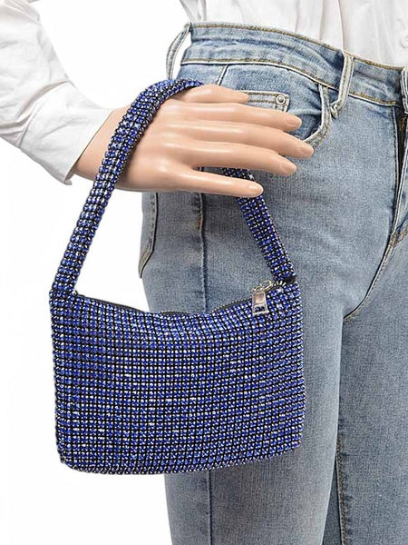 Babe Beachwaer Sparkle Soft Shoulder bag small in blue with rhinestone embellishments held by mannequin