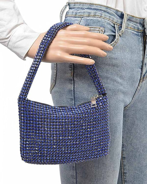 Babe Beachwaer Sparkle Soft Shoulder bag small in blue with rhinestone embellishments held by mannequin