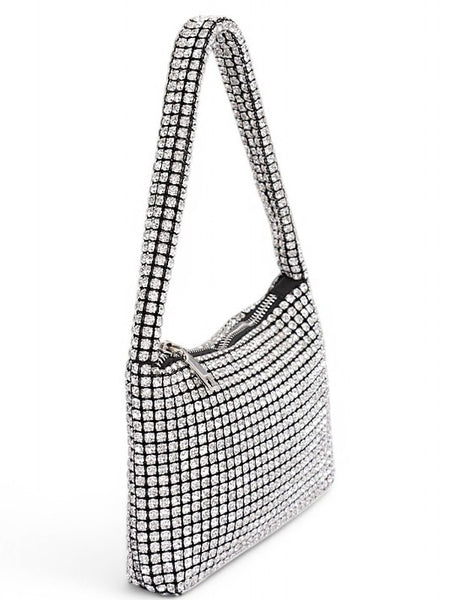 Babe Beachwear Sparkle Soft Shoulder bag small in silver with rhinestone design and zipper closure