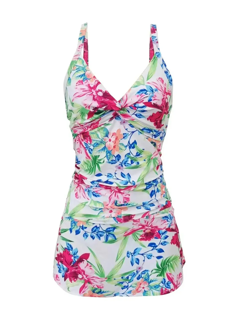 Beach Babes stylish tankini for beach vacation with colorful floral print and adjustable straps0