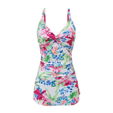 Beach Babes stylish tankini for beach vacation with colorful floral print and adjustable straps0