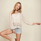 Trendsi summer blouse with lace in white featuring button front and sheer long sleeves