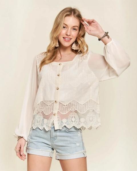 Trendsi summer blouse with lace featuring sheer long sleeves and button front design worn with denim shorts
