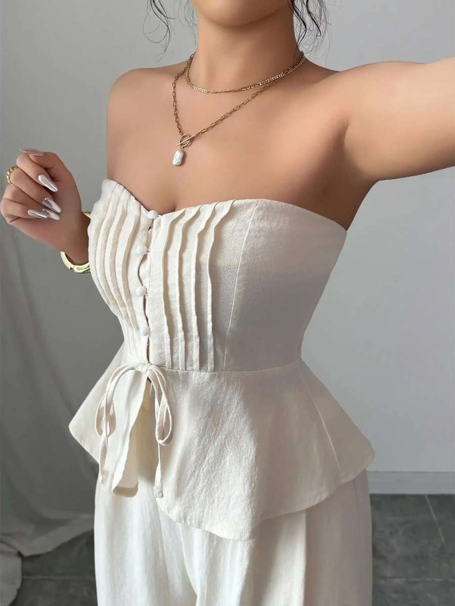 Babe Beachwaer sweetheart neck tube top and pants set in white with pleated detailing and waist tie