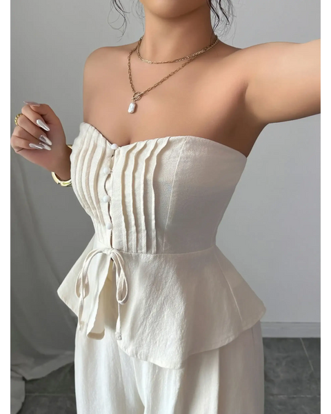 Babe Beachwaer sweetheart neck tube top and pants set in white with pleated detailing and waist tie