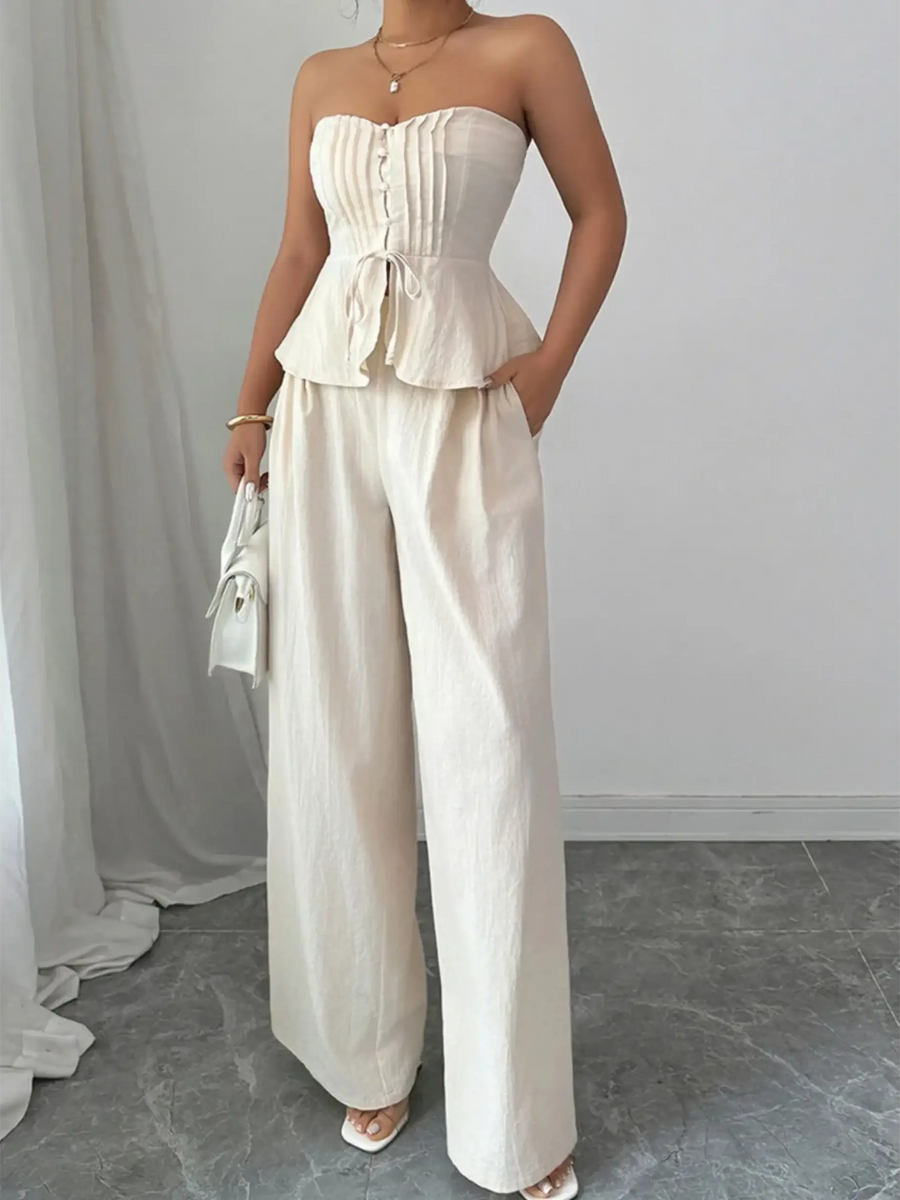 Babe Beachwaer sweetheart neck tube top and pants set in cream with wide-leg pants and peplum top