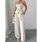 Babe Beachwaer sweetheart neck tube top and pants set in cream with wide-leg pants and peplum top