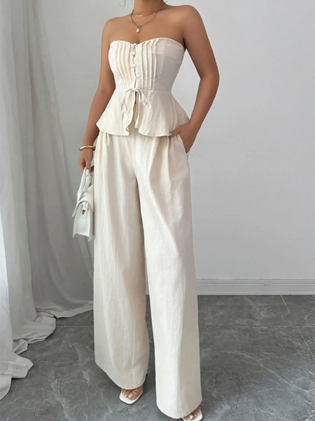 Babe Beachwaer sweetheart neck tube top and pants set in cream with wide-leg pants and peplum top