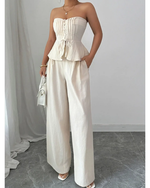Babe Beachwaer sweetheart neck tube top and pants set in cream with wide-leg pants and peplum top