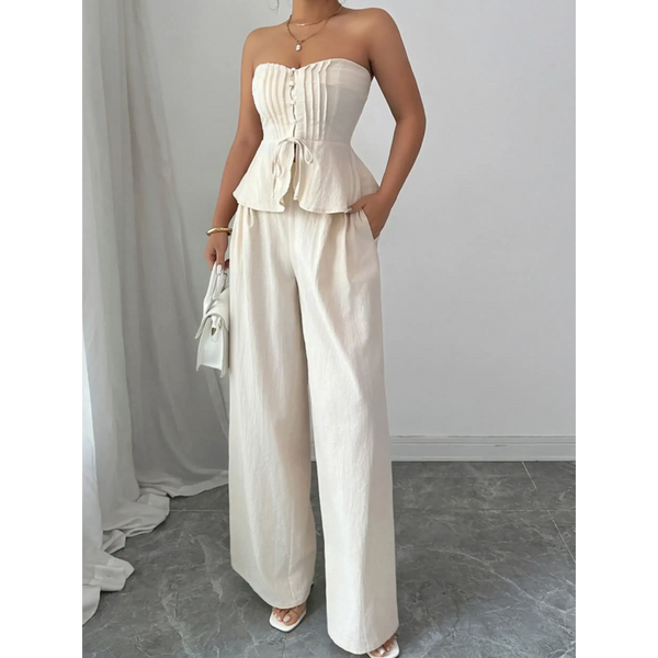 Babe Beachwaer sweetheart neck tube top and pants set in cream with wide-leg pants and peplum top