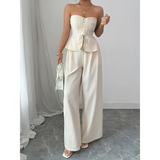 Babe Beachwear sweetheart neck tube top and pants set in white with wide-leg pants and strapless peplum top