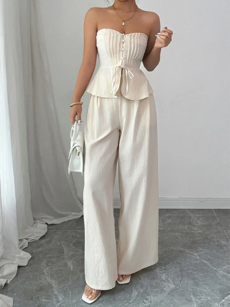 Babe Beachwear sweetheart neck tube top and pants set in white with wide-leg pants and strapless peplum top