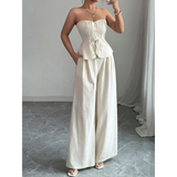 Babe Beachwear sweetheart neck tube top and pants set in white with wide-leg pants and corset-style top