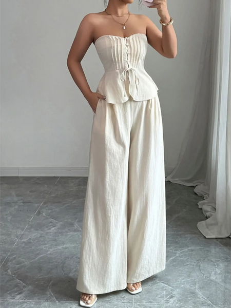 Babe Beachwear sweetheart neck tube top and pants set in white with wide-leg pants and corset-style top