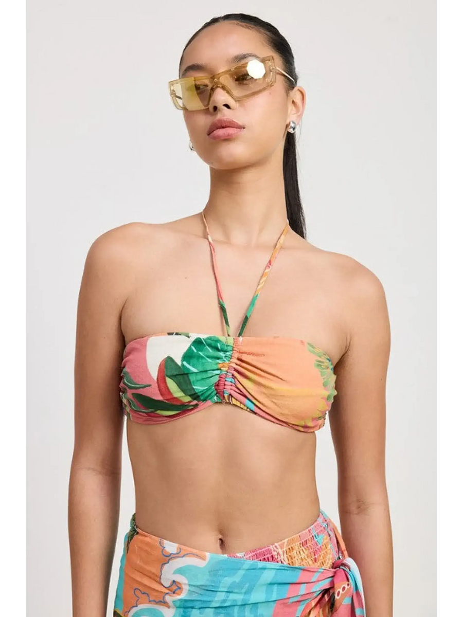 Emory Park Tangerine Bikini Bralette with tropical floral print worn by model with sunglasses