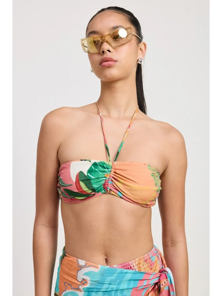 Emory Park Tangerine Bikini Bralette with tropical floral print worn by model with sunglasses