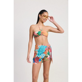 Emory Park Tangerine Bikini Bralette with tropical print and matching sarong on smiling woman