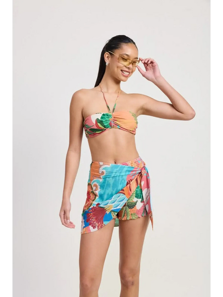 Emory Park Tangerine Bikini Bralette with tropical print and matching sarong on smiling woman