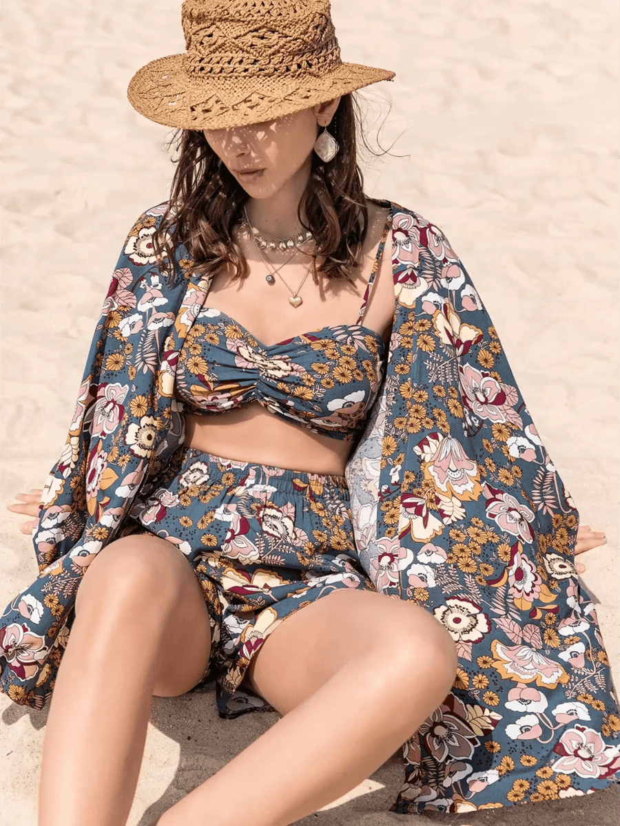 Trendsi floral short set beachwear featuring a trendy vacation outfit women with a crop top and matching shorts