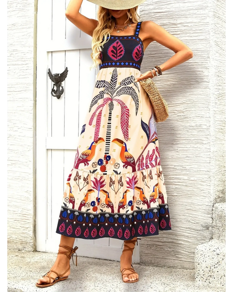 Woman with a hat wearing tropical summer dress for women midi dress with palm tree and bird print design