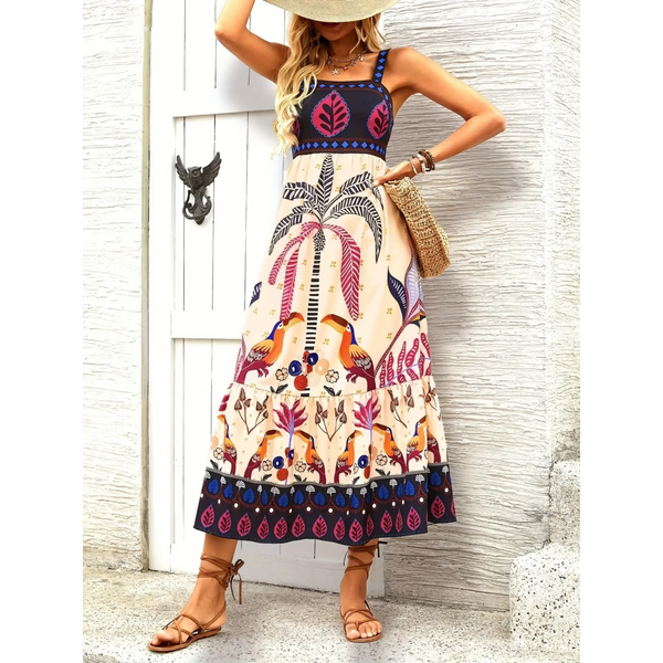 Woman with a hat wearing tropical summer dress for women midi dress with palm tree and bird print design