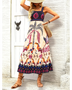 Woman with a hat wearing tropical summer dress for women midi dress with palm tree and bird print design