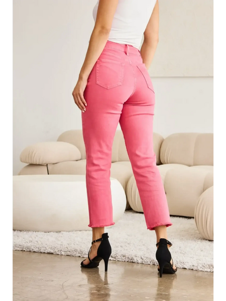 Trendsi pink tummy control high waist jeans worn with black heels and white top