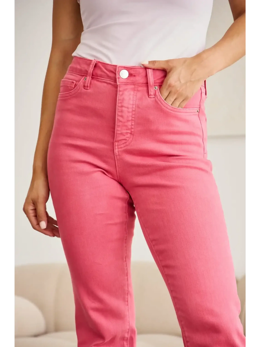Trendsi pink tummy control high waist jeans with front pockets and button closure