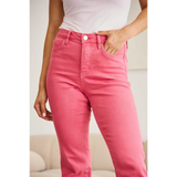 Trendsi pink tummy control high waist jeans with front pockets and button closure