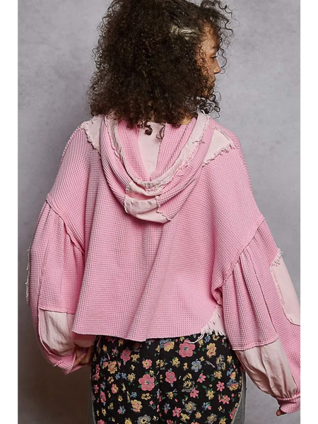 Trendsi women's cropped hooded jacket in pink waffle knit with distressed detailing and balloon sleeves