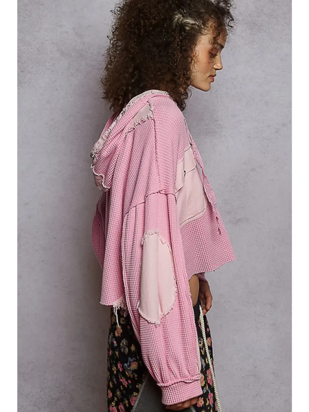 Trendsi women's cropped hooded jacket in pink waffle knit with patch details and long sleeves