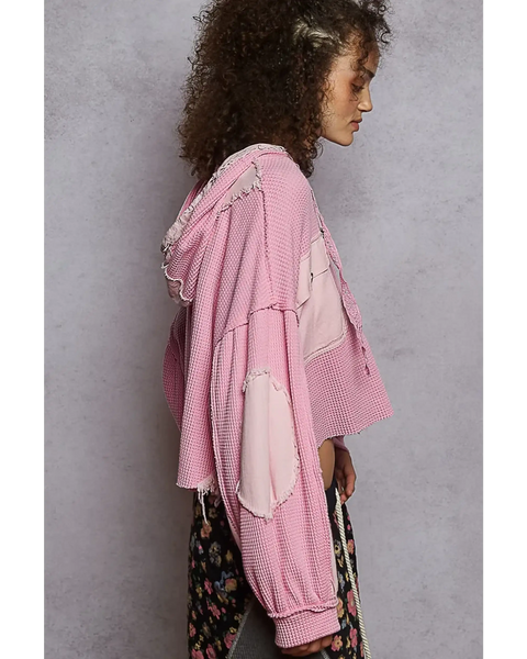 Trendsi women's cropped hooded jacket in pink waffle knit with patch details and long sleeves