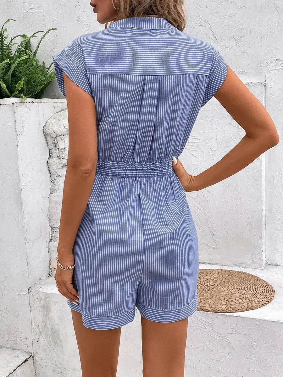 Back view of Babe Beachwear blue striped waist tie romper with short sleeves and cuffed shorts