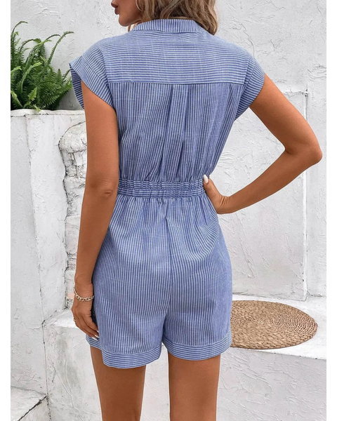 Back view of Babe Beachwear blue striped waist tie romper with short sleeves and cuffed shorts