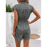 Babe Beachwear striped waist tie romper with short sleeves and cuffed shorts back view
