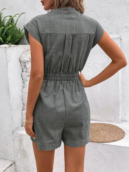 Babe Beachwear striped waist tie romper with short sleeves and cuffed shorts back view