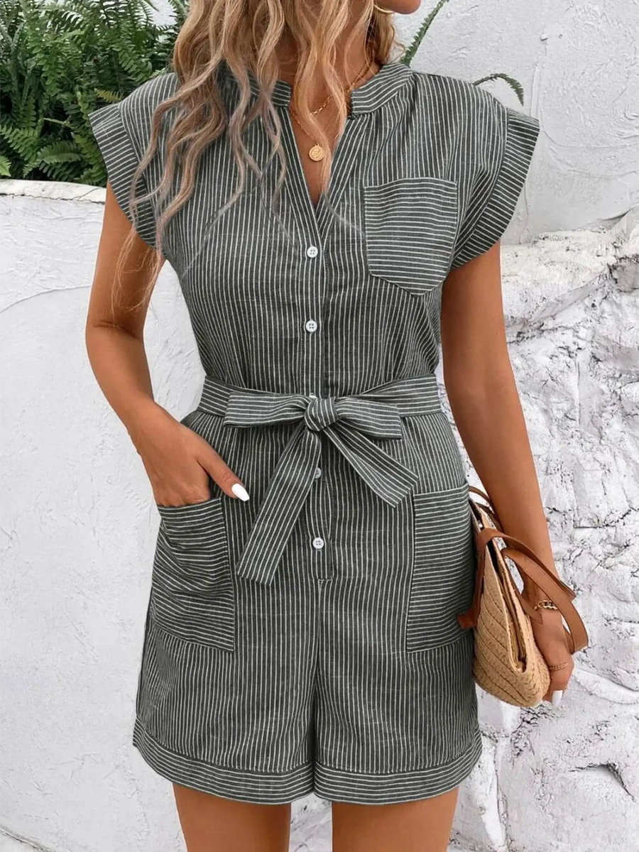 Babe Beachwear striped short sleeve waist tie romper with front pockets and button detail