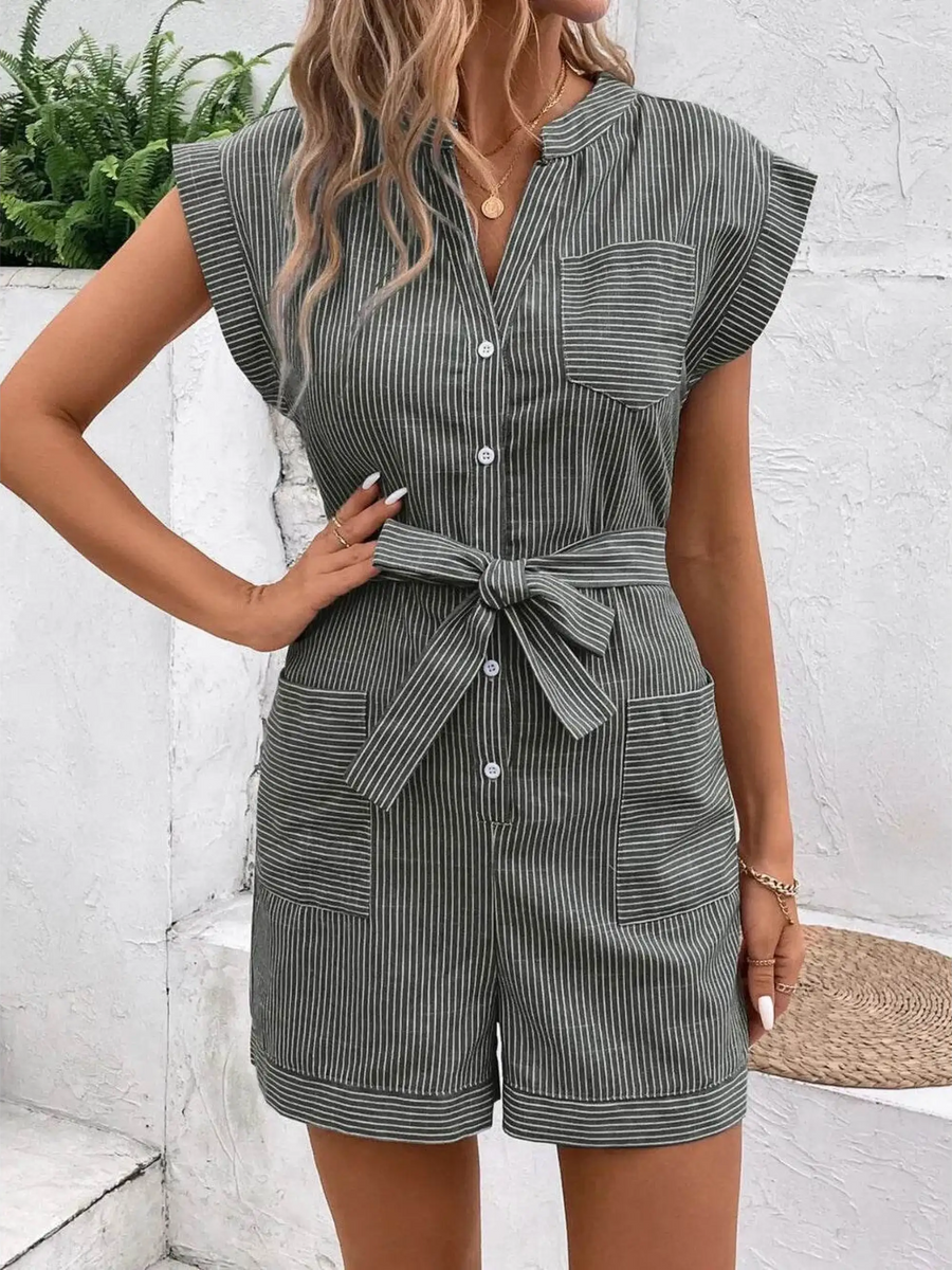 Babe Beachwear striped waist tie romper with button front and short sleeves for casual summer wear