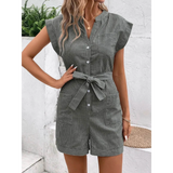 Babe Beachwear striped waist tie romper with button front and short sleeves for casual summer wear