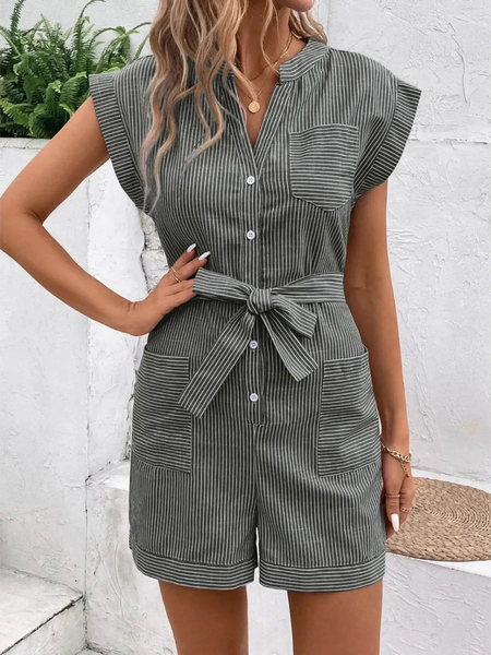 Babe Beachwear striped waist tie romper with button front and short sleeves for casual summer wear